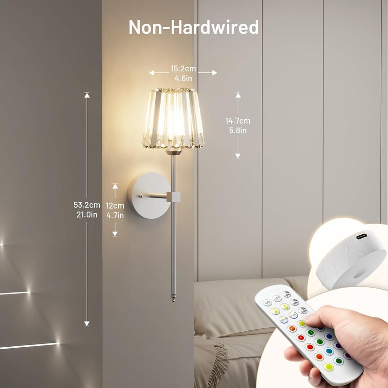 L.JUJAM Crystal Battery Operated Wall Sconces Set of 2, Chrome Rechargeable Wireless Wall Lights with Crystal Lampshade, 12 RGB and 3CCT Dimmable Wall Lamps with Remote for Bedroom Living Room Hallway - Image 2